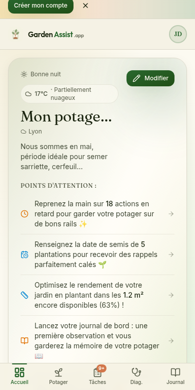 Tableau de bord GardenAssist sur mobile